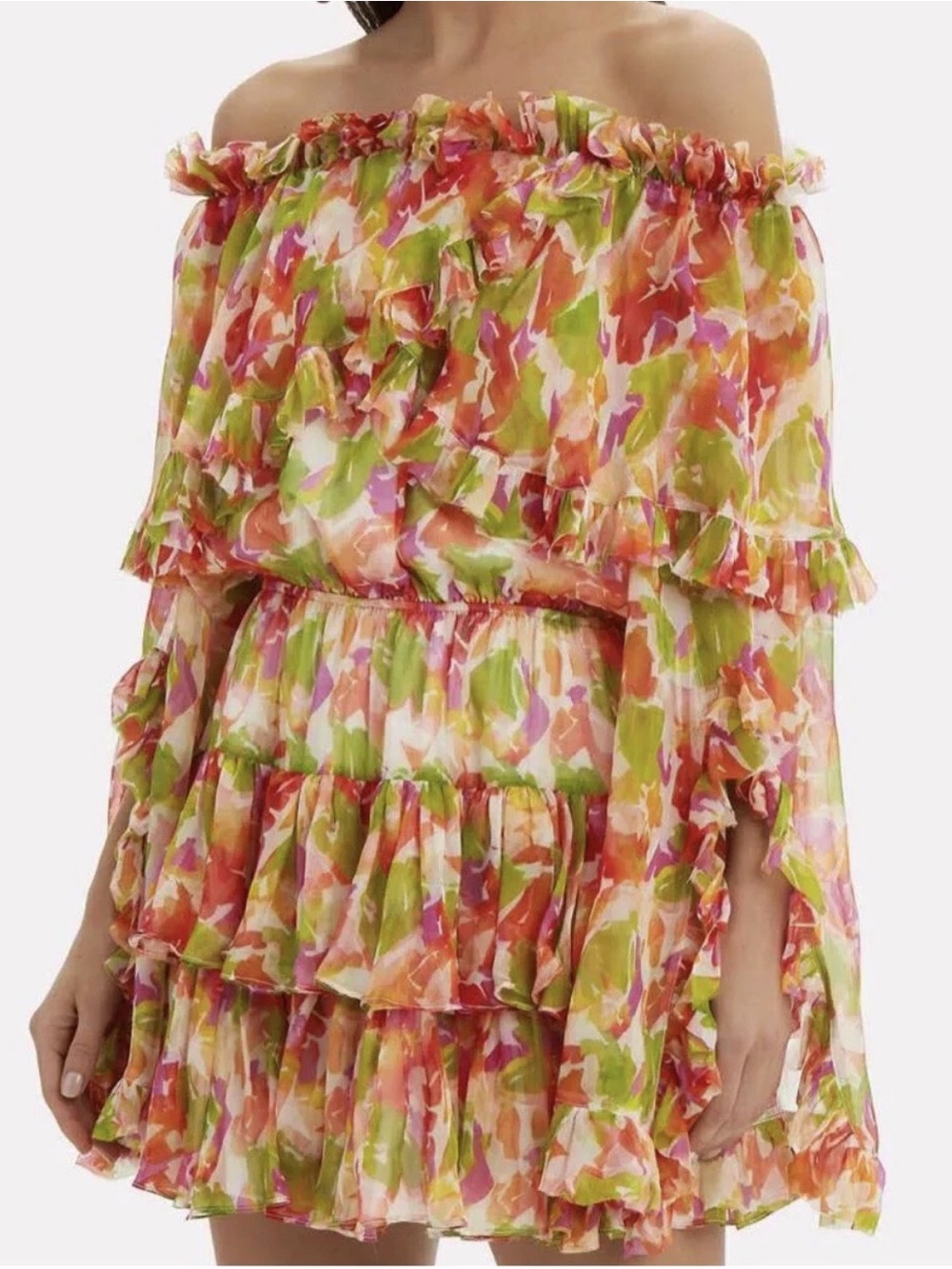Caroline Constas Dahlia Off The Shoulder DRESS Pink Coral Multi XS Silk